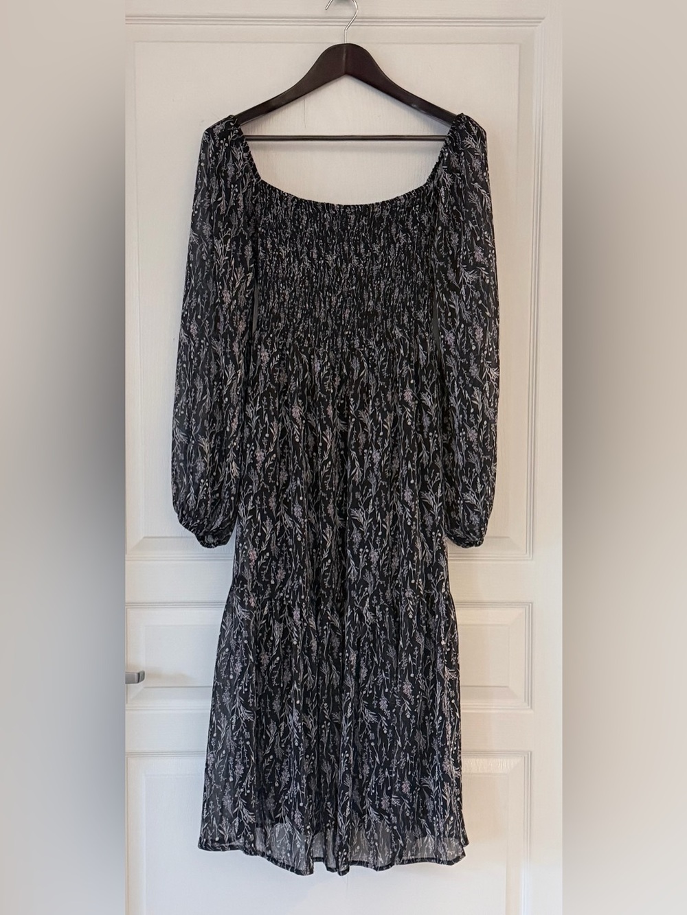 Lush Black Floral Smocked Long Sleeve Dress